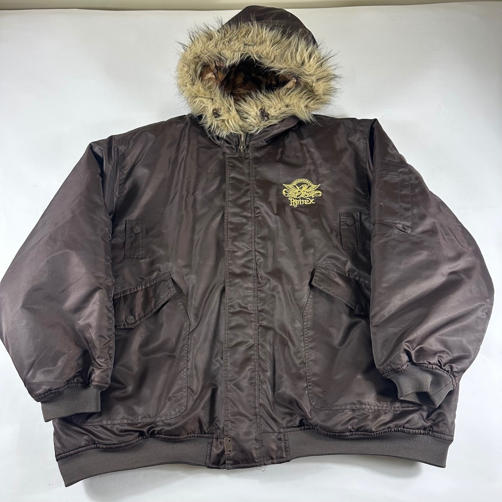 Avirex Men's 4XL Brown Fur Hooded Bomber Jacket Military Camo Lined‎